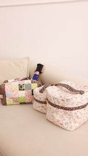 3 Piece Quilted Patchwork Pouch Set - Black Florals