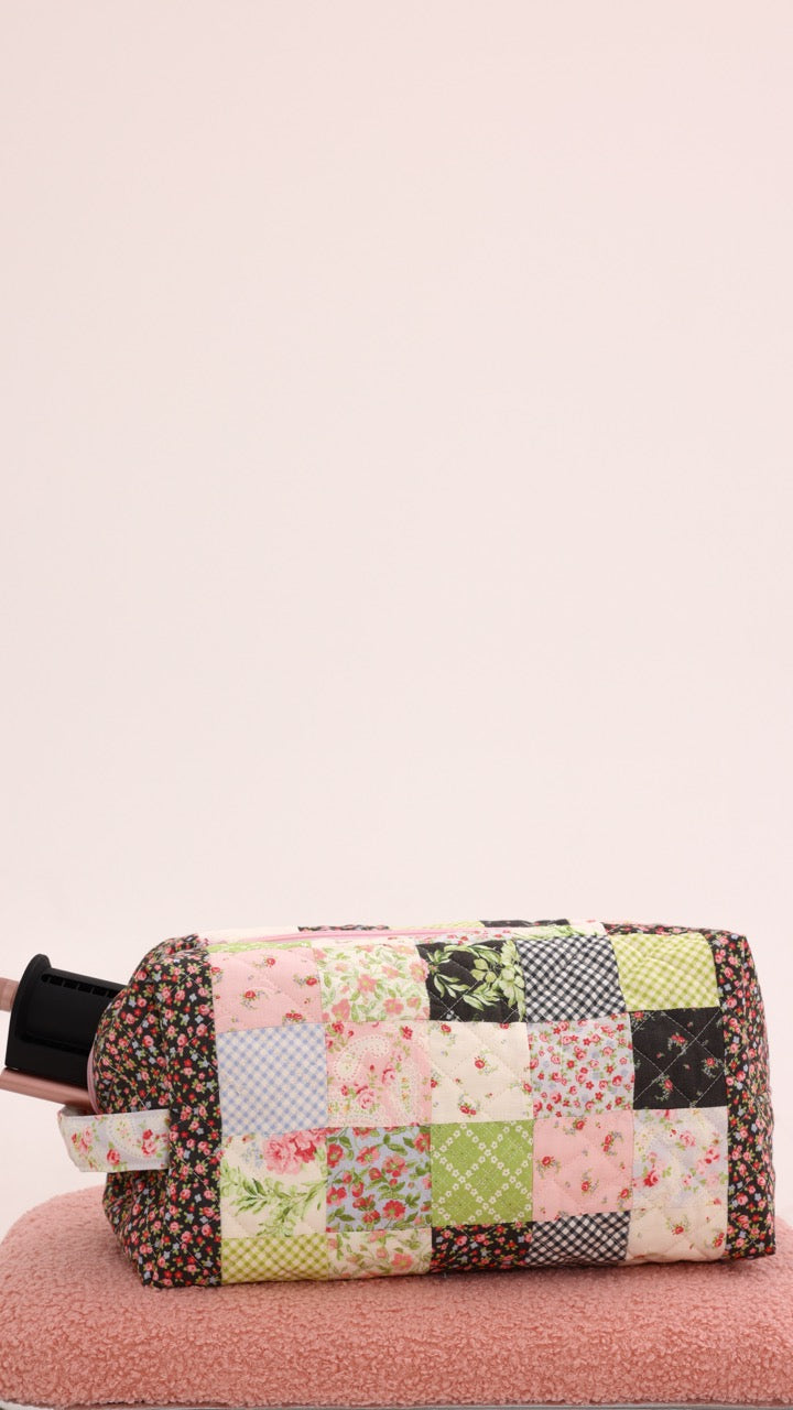 3 Piece Quilted Patchwork Pouch Set - Black Florals