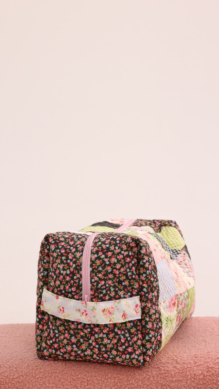 3 Piece Quilted Patchwork Pouch Set - Black Florals