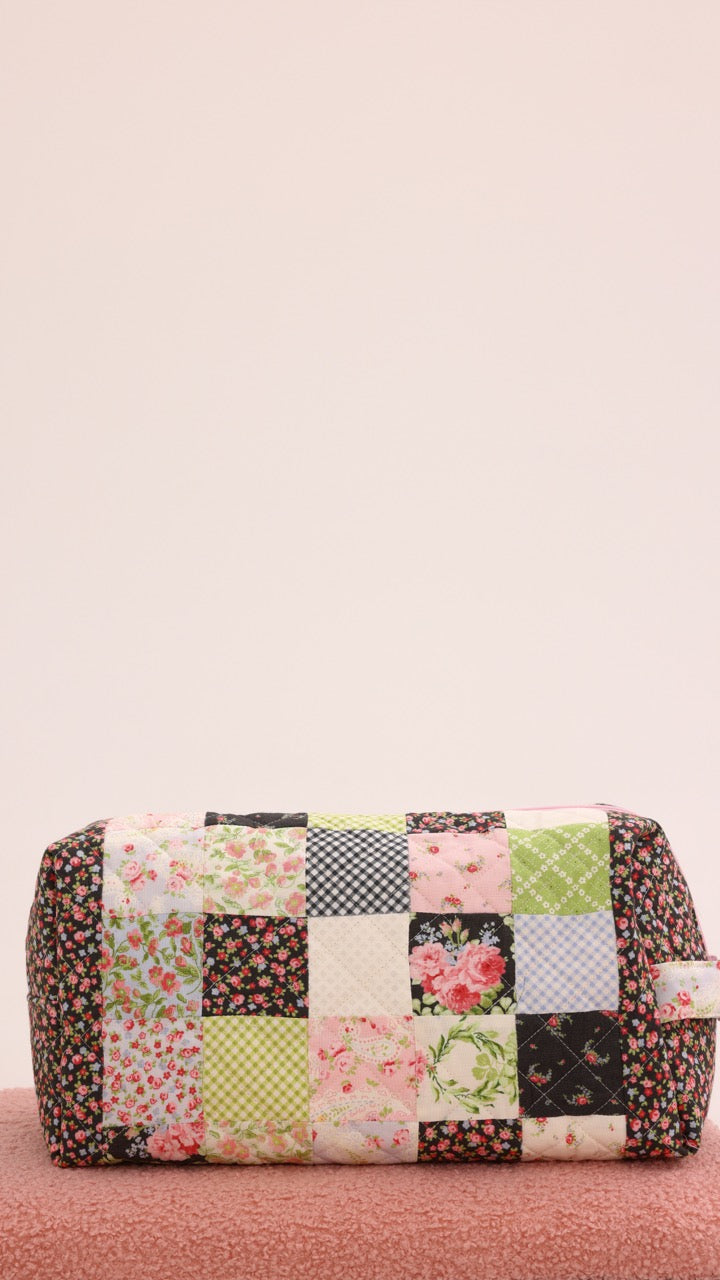 3 Piece Quilted Patchwork Pouch Set - Black Florals