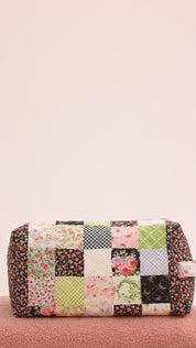 3 Piece Quilted Patchwork Pouch Set - Black Florals