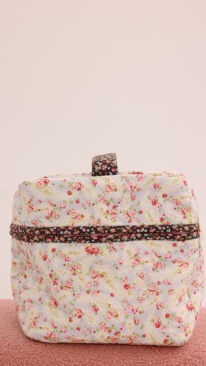 3 Piece Quilted Patchwork Pouch Set - Black Florals