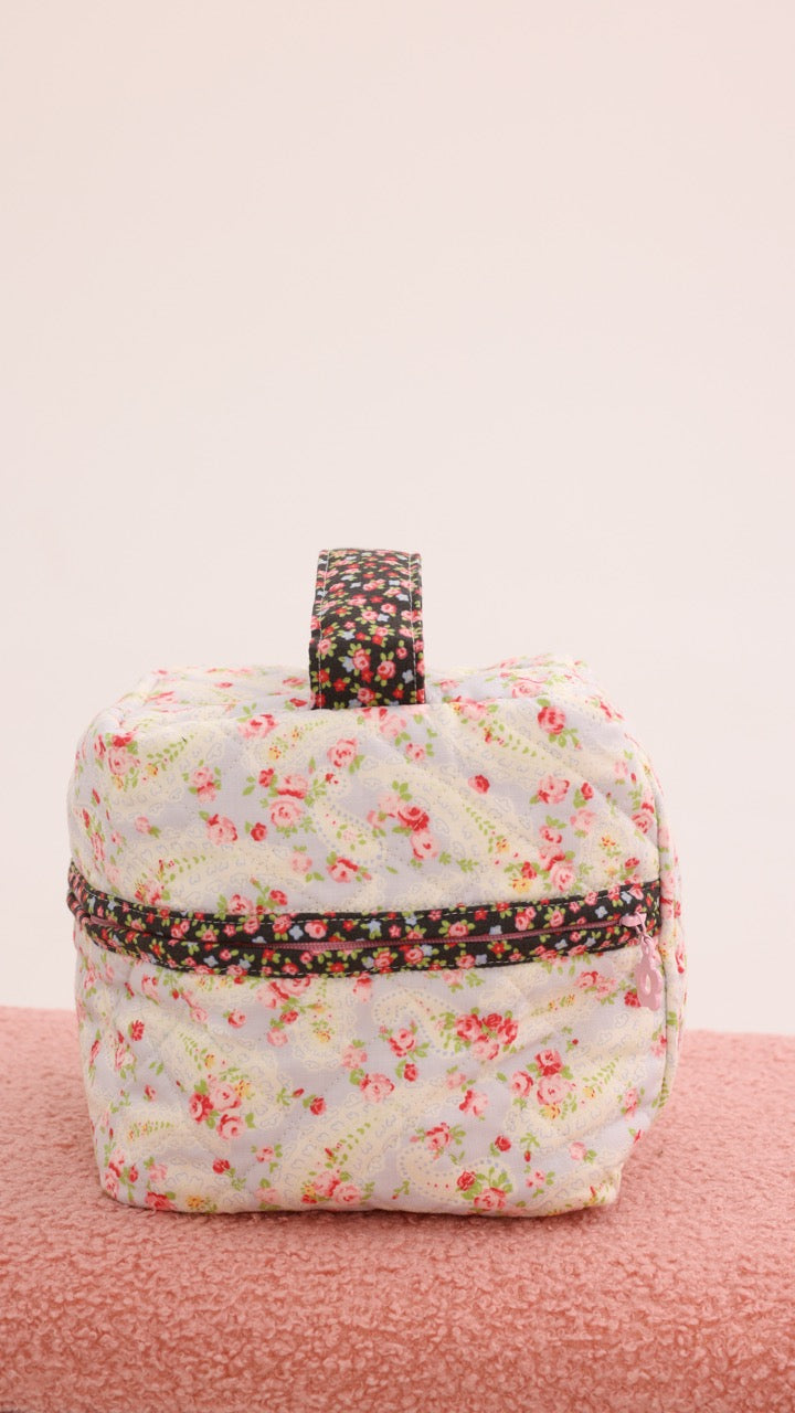 3 Piece Quilted Patchwork Pouch Set - Black Florals