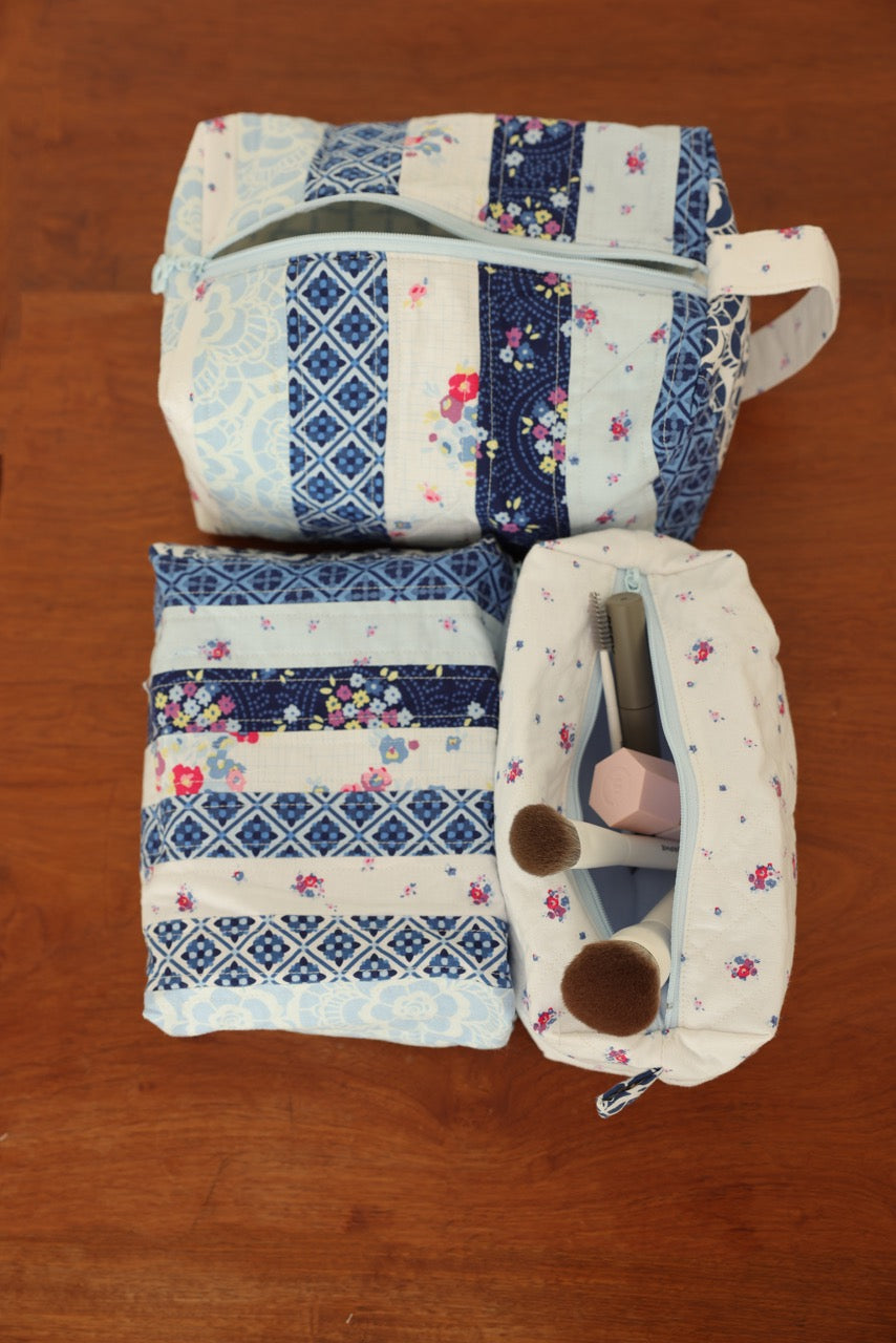 Quilted Pouch Set - Flower Blues Patchwork