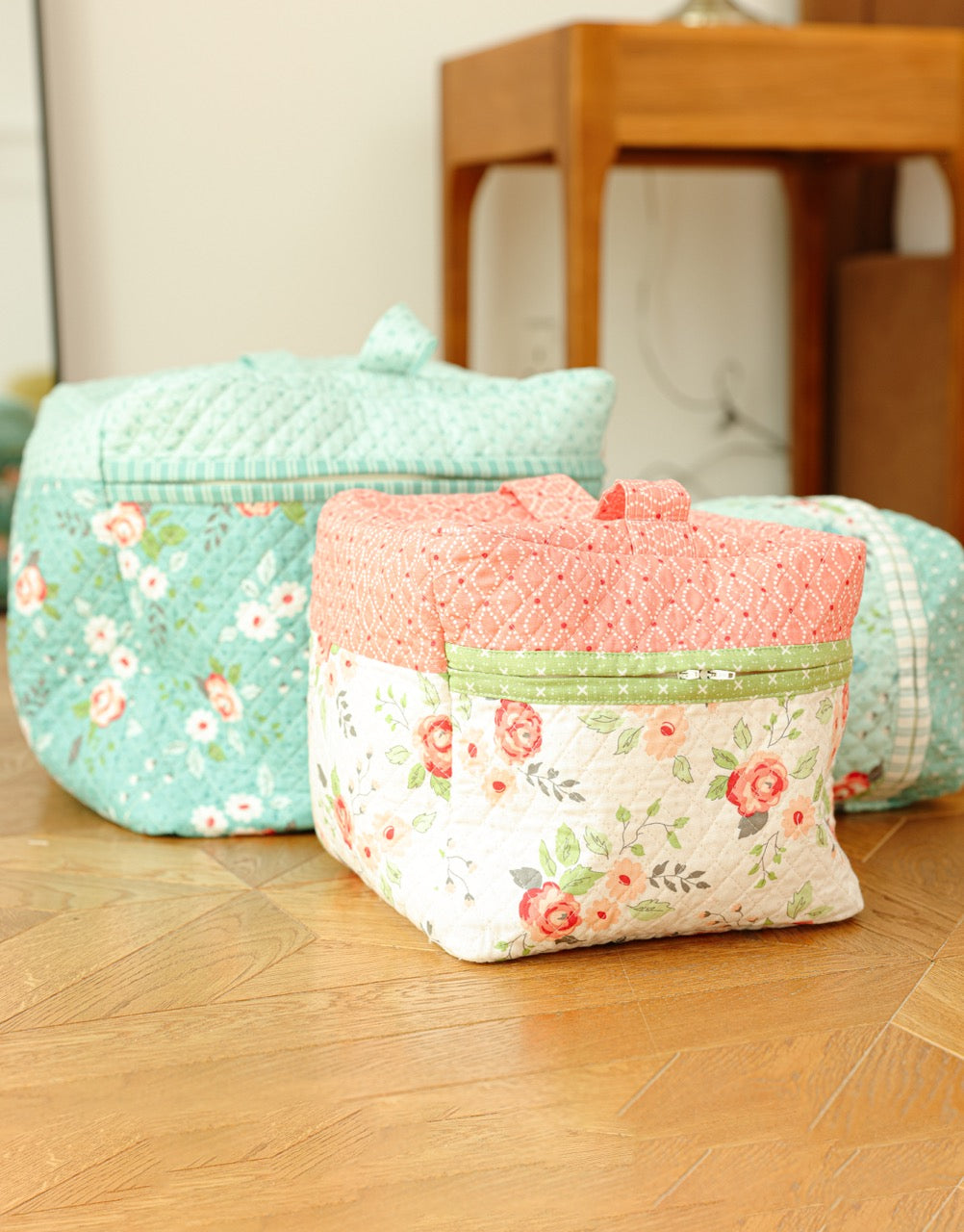 Quilted Pouch Set - Blues & Corals