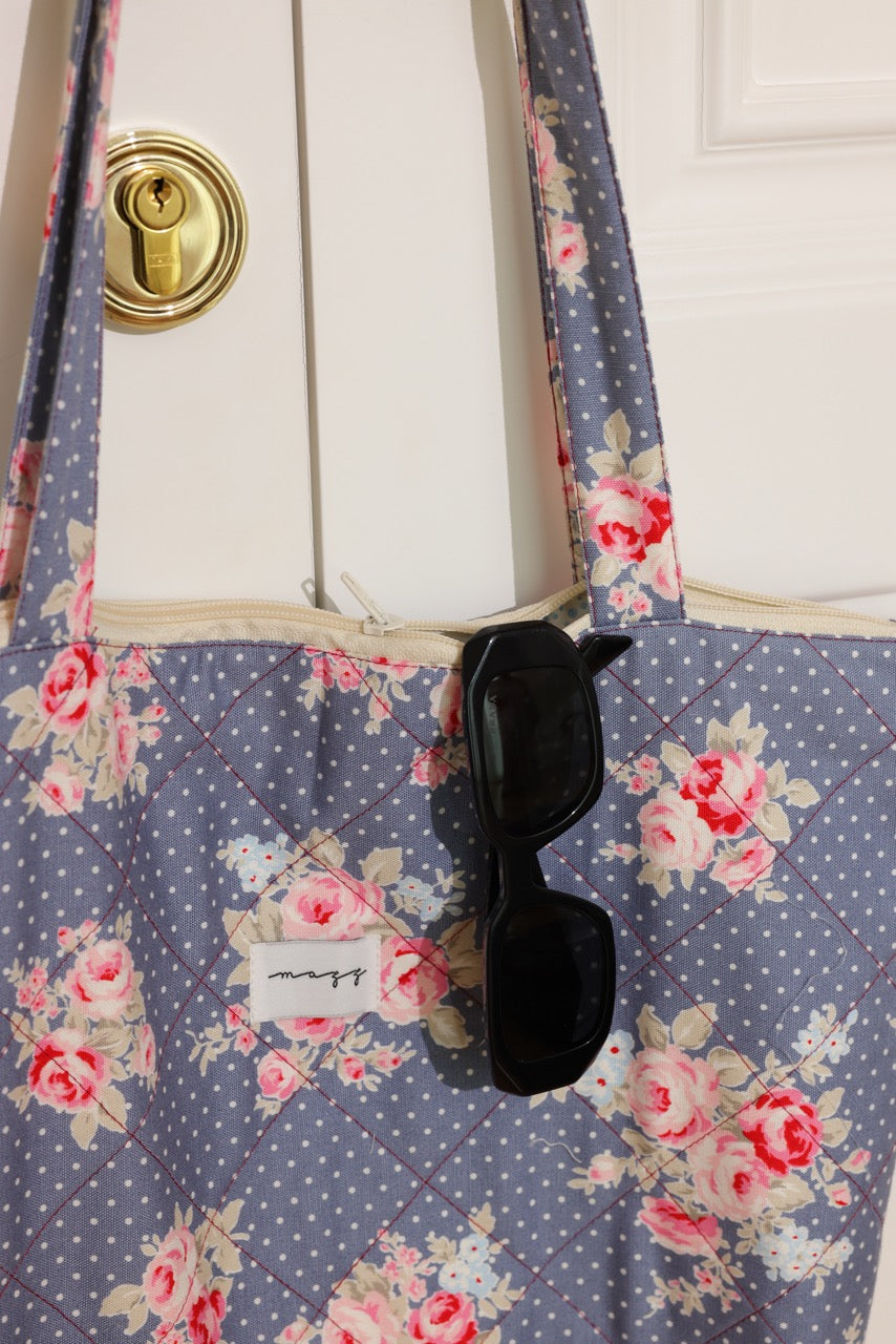 Dusty Blue Rose Quilted Tote